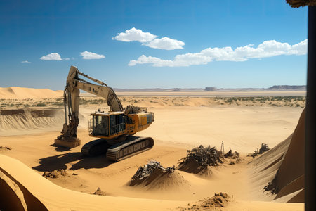 excavation site with view of rolling dunes and clear sky, created with generative aiの素材