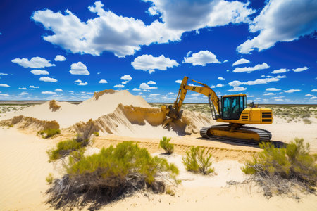 excavation site surrounded by rolling dunes and the bright blue sky, created with generative aiの素材