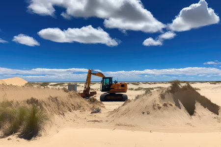 excavation site surrounded by rolling dunes and the bright blue sky, created with generative aiの素材