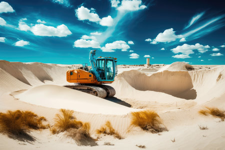 excavation site surrounded by rolling dunes and the bright blue sky, created with generative aiの素材