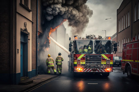 fire engine, with firefighters putting out blaze and rescuing person trapped inside building, created with generative aiの素材