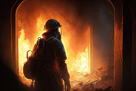 firefighter conducting search of burning building, finding person in need of rescue, created with generative aiの素材
