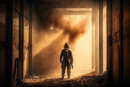 firefighter, extinguishing fire in abandoned factory, with smoke billowing, created with generative aiの素材
