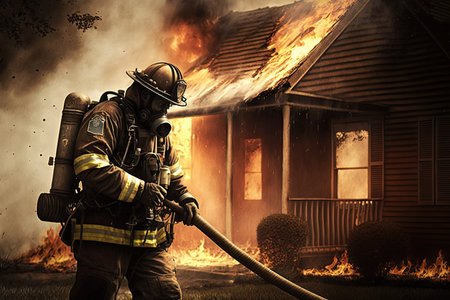 firefighter, putting out fire with hose in burning house, created with generative aiの素材
