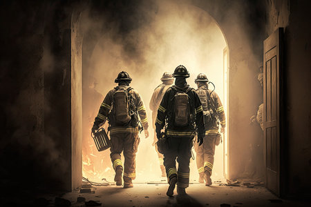fire department, with firefighters putting out fire and rescuing victims in burning building, created with generative aiの素材