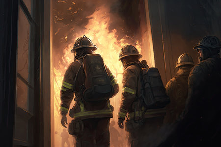 fire department, putting out fire and rescuing people from burning building, created with generative aiの素材