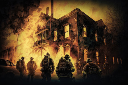 fire department, with crew performing emergency rescue in burning building, created with generative aiの素材