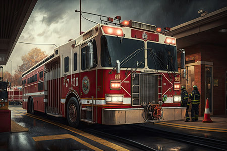 fire engine pulling out of station, ready to respond to the next emergency, created with generative aiの素材