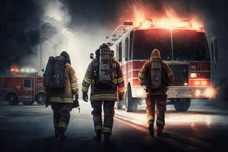 fire department, with firefighters and their rescue equipment, responding to emergency call, created with generative aiの素材