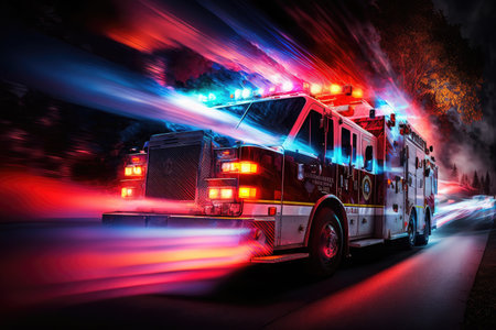 fire truck speeding to the scene of a blaze with lights and sirens blaring, created with generative aiの素材