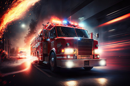 fire truck speeding to the scene of a blaze with lights and sirens blaring, created with generative aiの素材