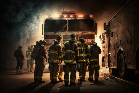 emergency situation, with firefighters on the scene and ready to act, created with generative aiの素材