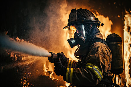 firefighter, putting out fire in burning building with hose and extinguisher, created with generative aiの素材