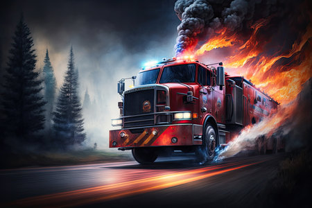 fire truck speeding down winding road, with smoke and flames visible in the background, created with generative aiの素材