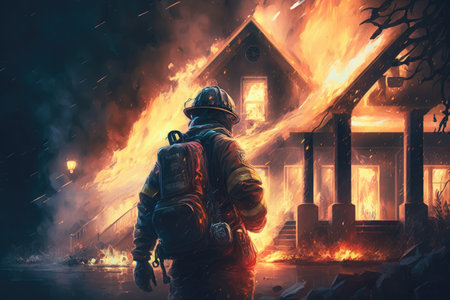 firefighter, extinguishing flames of burning house, with smoke and sparks visible, created with generative aiの素材