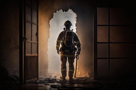 firefighter, checking the interior of a burning building for occupants or hazards, created with generative aiの素材