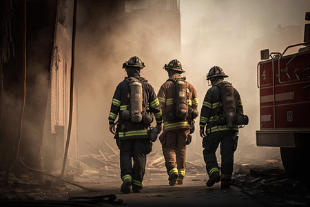 fire department, with firefighters in full gear, searching for victims in burned-out building, created with generative aiの素材