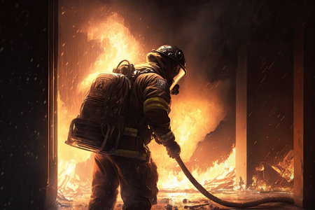 firefighter, putting out flames with hose, in burning building, created with generative aiの素材