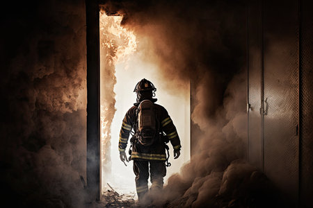 firefighter, putting out fire in burning building, with smoke and flames visible, created with generative aiの素材