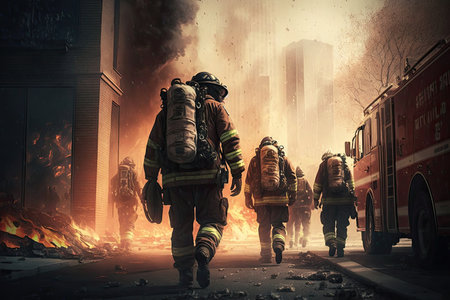 fire department, with firefighters and their equipment, rushing to a burning building, created with generative aiの素材