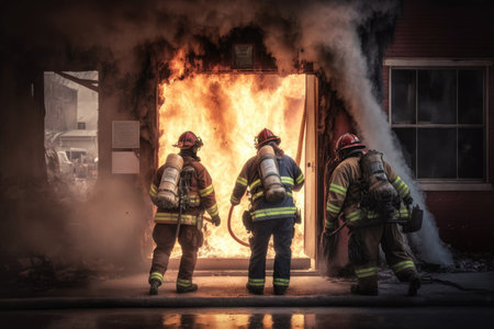 fire department, with firefighters quickly putting out fire in burning building, created with generative aiの素材