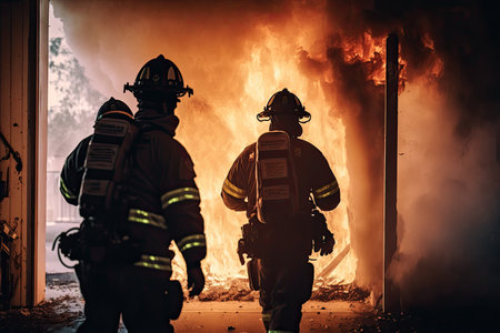 fire department, with firefighters quickly putting out fire in burning building, created with generative aiの素材