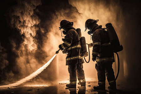 firefighters, using hose to put out flames, at scene of fire, created with generative aiの素材