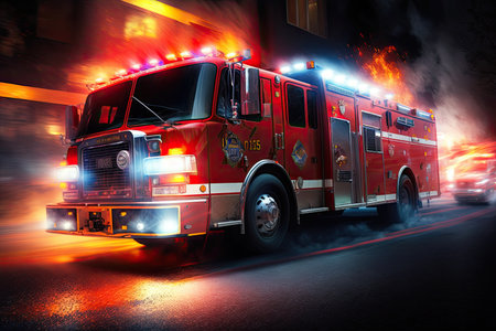 fire truck with lights flashing and siren blaring, responding to emergency call, created with generative aiの素材