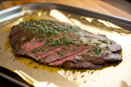 flank steak marinated in garlic and herbs, ready for grilling, created with generative aiの素材