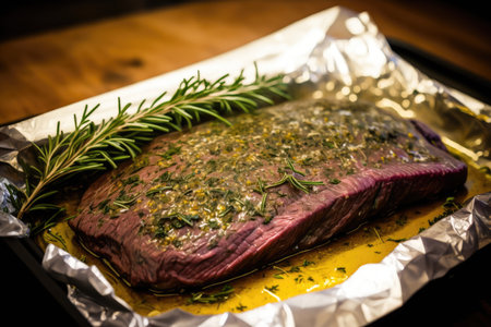 flank steak marinated in garlic and herbs, ready for grilling, created with generative aiの素材