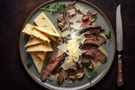 plate of flank steak with mushrooms and parmesan, created with generative aiの素材