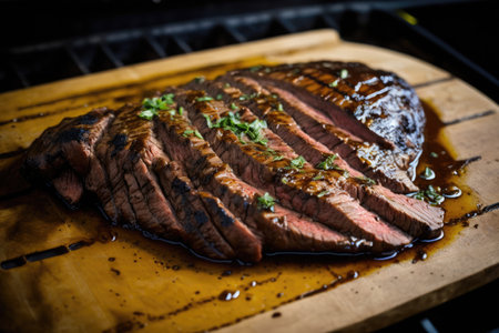 flank steak marinated in zesty sauce and ready for grilling, created with generative aiの素材