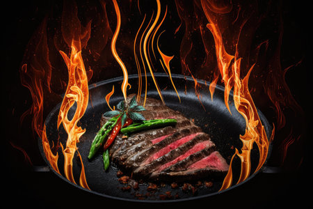 flank steak being seared in hot skillet, with flames licking the edges, created with generative aiの素材