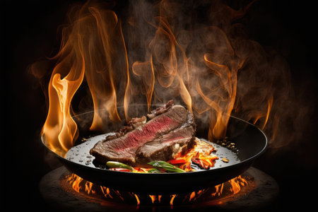 flank steak being seared in hot skillet, with flames licking the edges, created with generative aiの素材