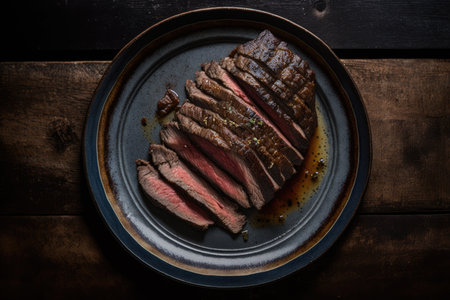 plate of flank steak, charred and juicy on the outside, medium rare on the inside, created with generative aiの素材