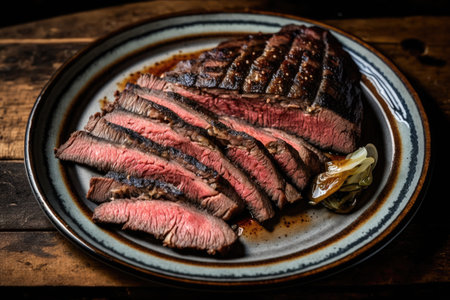 plate of flank steak, charred and juicy on the outside, medium rare on the inside, created with generative aiの素材
