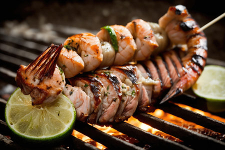 jumbo shrimp and flank steak skewer, ready to cook on the grill, created with generative aiの素材