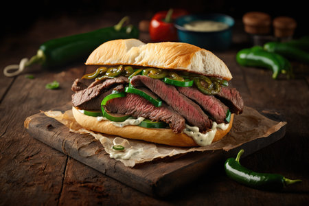 homemade flank steak sandwich on toasted roll, topped with green pepper and onion, created with generative aiの素材