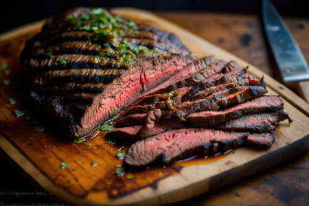 flank steak, sliced and grilled with smoky char from the grill, created with generative aiの素材