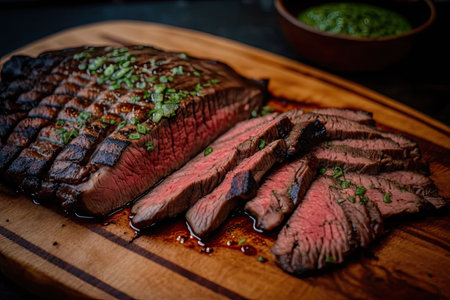flank steak, sliced and grilled with smoky char from the grill, created with generative aiの素材