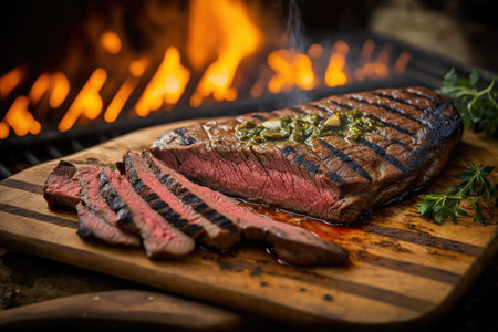 flank steak, sliced and grilled with smoky char from the grill, created with generative aiの素材