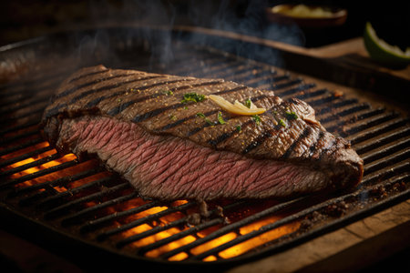 flank steak on a grill, ready for grilling, created with generative aiの素材