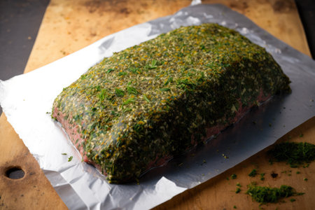 flank steak with herb crust, ready to grill, created with generative aiの素材