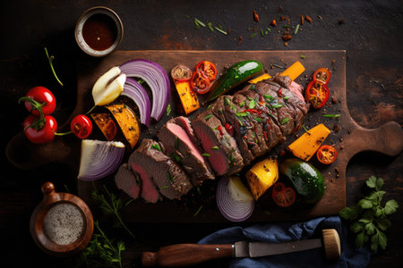 flank steak kebab with vegetables and spices, ready for the grill, created with generative aiの素材