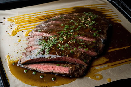 flank steak marinated in garlic, ginger and soy sauce before being grilled, created with generative aiの素材