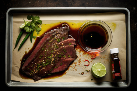 flank steak marinated in garlic, ginger and soy sauce before being grilled, created with generative aiの素材