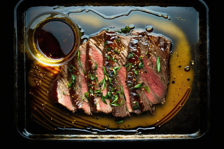 flank steak marinated in garlic, ginger and soy sauce before being grilled, created with generative aiの素材