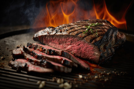 tender flank steak, cooked over hot grill, with charred and smoky exterior, created with generative aiの素材