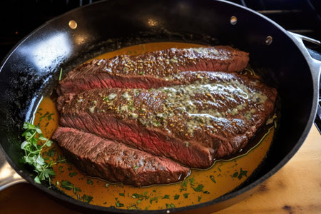 flank steak in skillet, seasoned with salt and pepper and ready to cook, created with generative aiの素材
