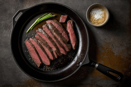 flank steak in skillet, seasoned with salt and pepper and ready to cook, created with generative aiの素材
